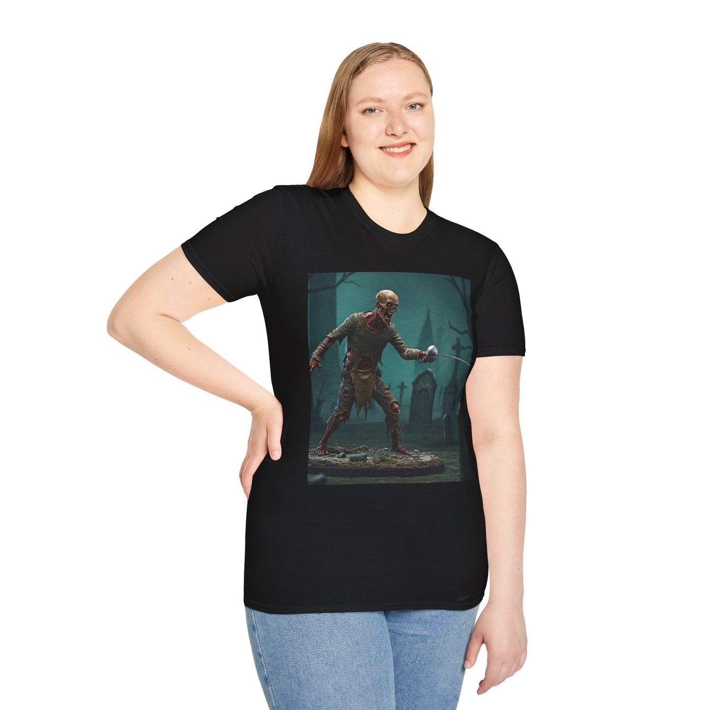 Zombie Swordsman Unisex Softstyle T-Shirt - Perfect for Halloween & Horror Fans