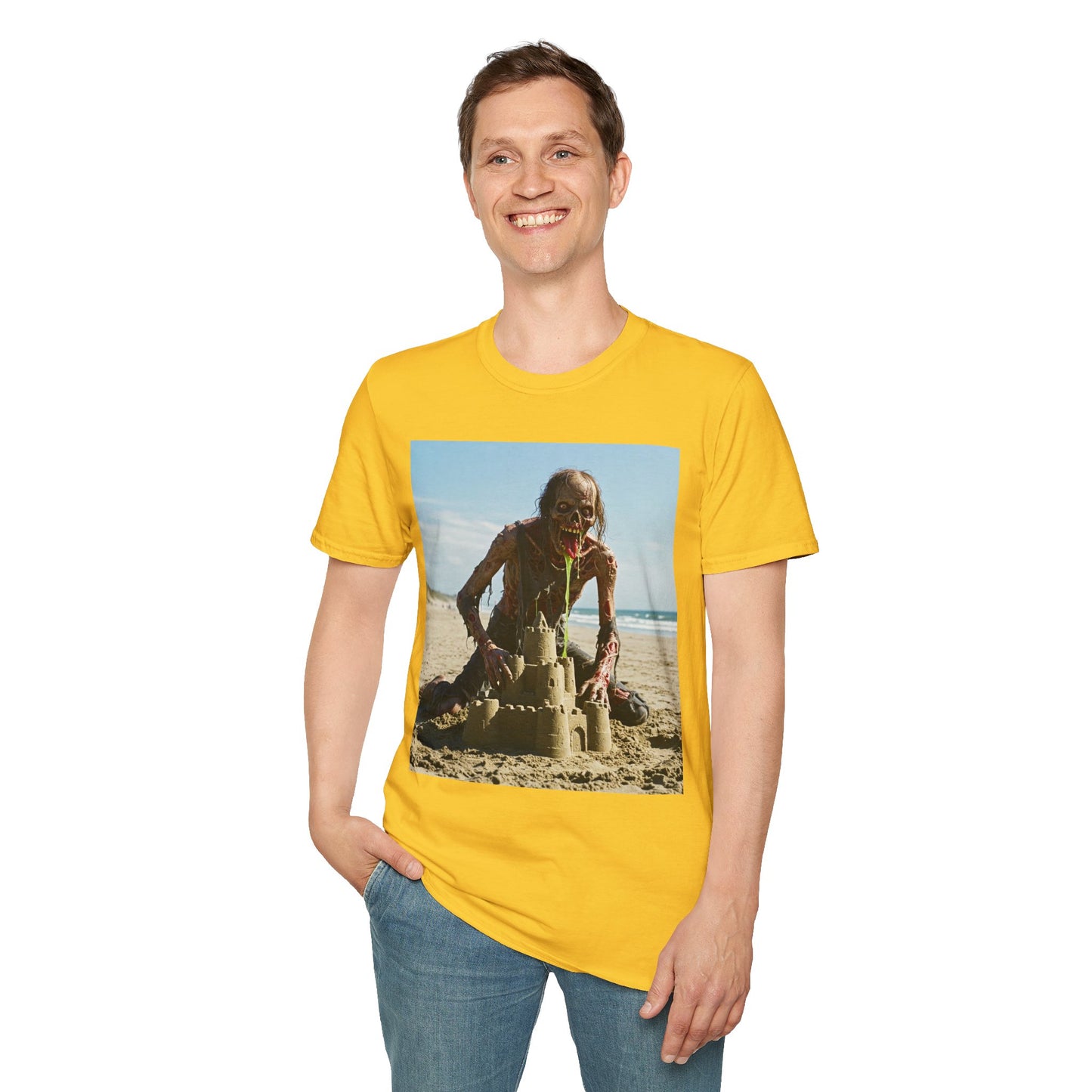 Zombie Sandcastle Unisex Softstyle T-Shirt | Fun Beach Horror Tee