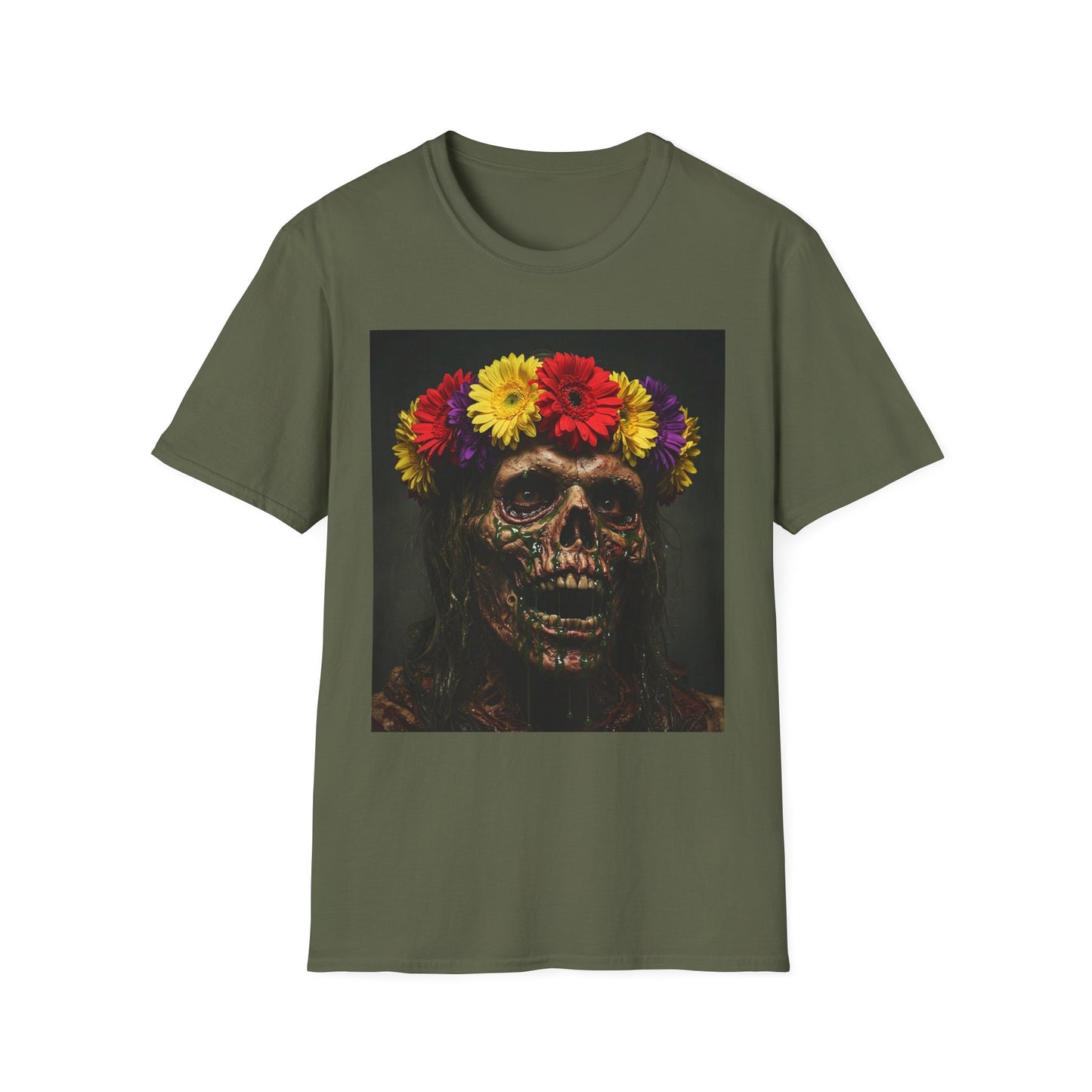 Day of the Dead Floral Skull Apocalyptic Portrait Tee, bold, decaying zombie graphic