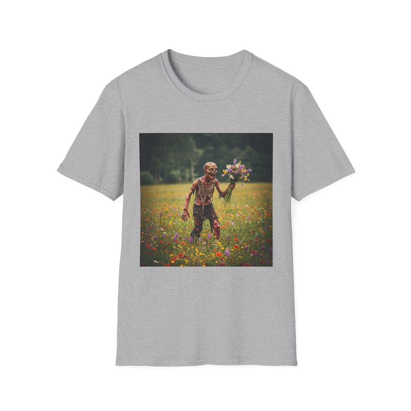 Zombie in Bloom Unisex Softstyle T-Shirt – Perfect for Halloween and Unique Gift Ideas