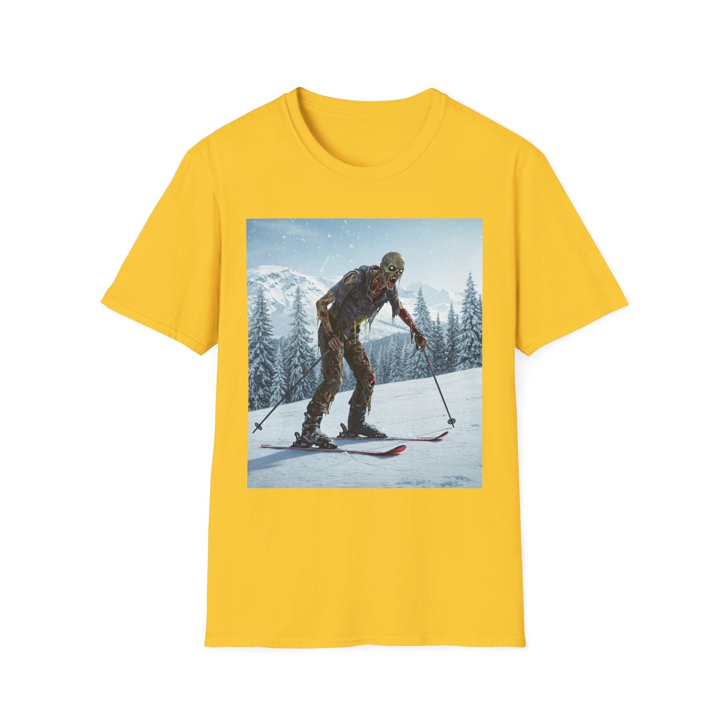 Skiing Zombie Unisex Softstyle T-Shirt - Perfect for Winter Fun & Halloween Enthusiasts