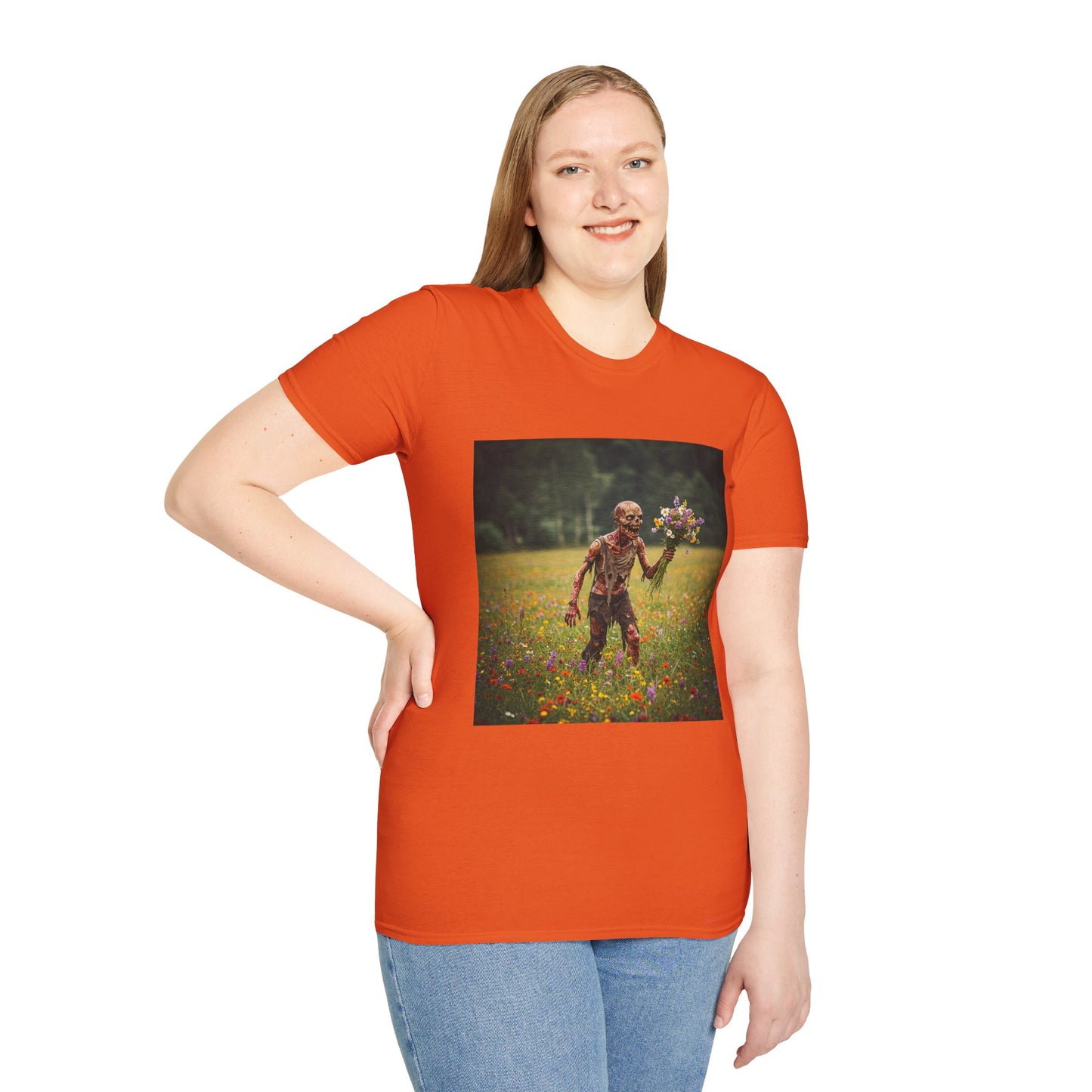 Zombie in Bloom Unisex Softstyle T-Shirt – Perfect for Halloween and Unique Gift Ideas