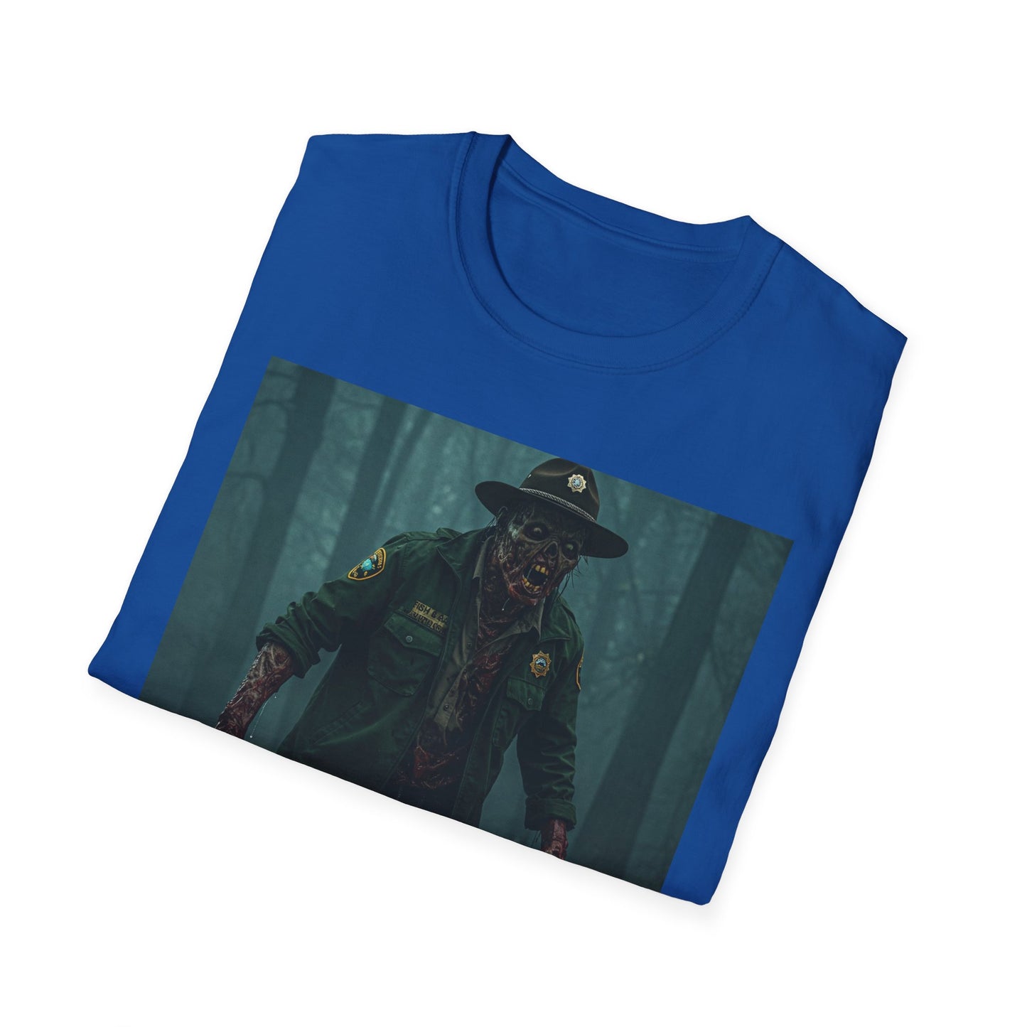 Creepy Forest Ranger Unisex Softstyle T-Shirt - Perfect for Halloween & Horror Fans