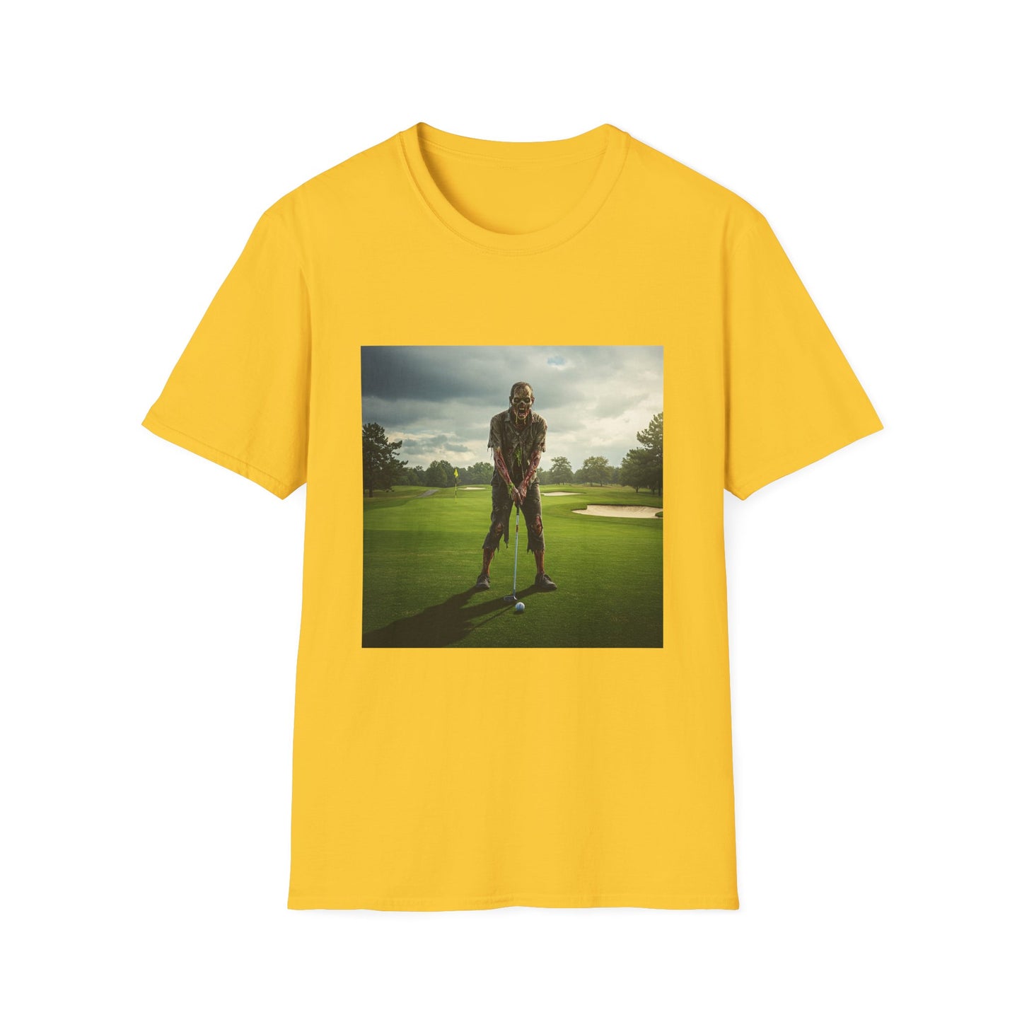 Inspirational Golf Swing Apocalyptic Portrait Tee, bold, decaying zombie graphic