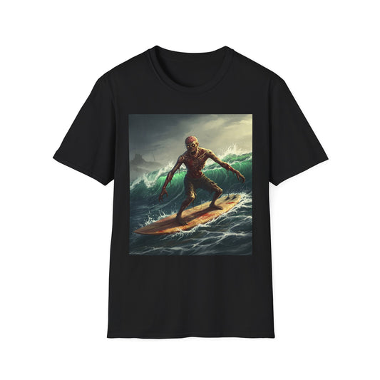 Zombie Surfer Apocalyptic Portrait Tee, bold, decaying zombie graphic