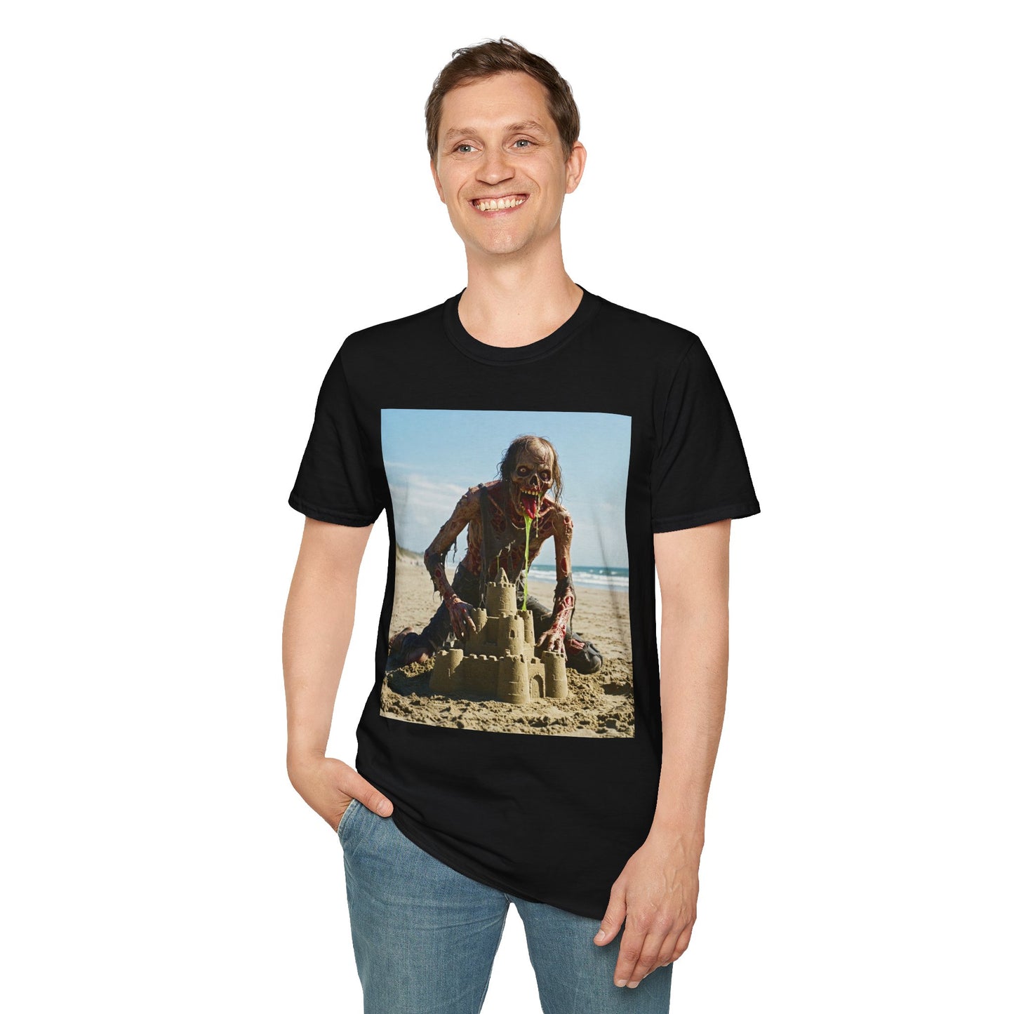 Zombie Sandcastle Unisex Softstyle T-Shirt | Fun Beach Horror Tee