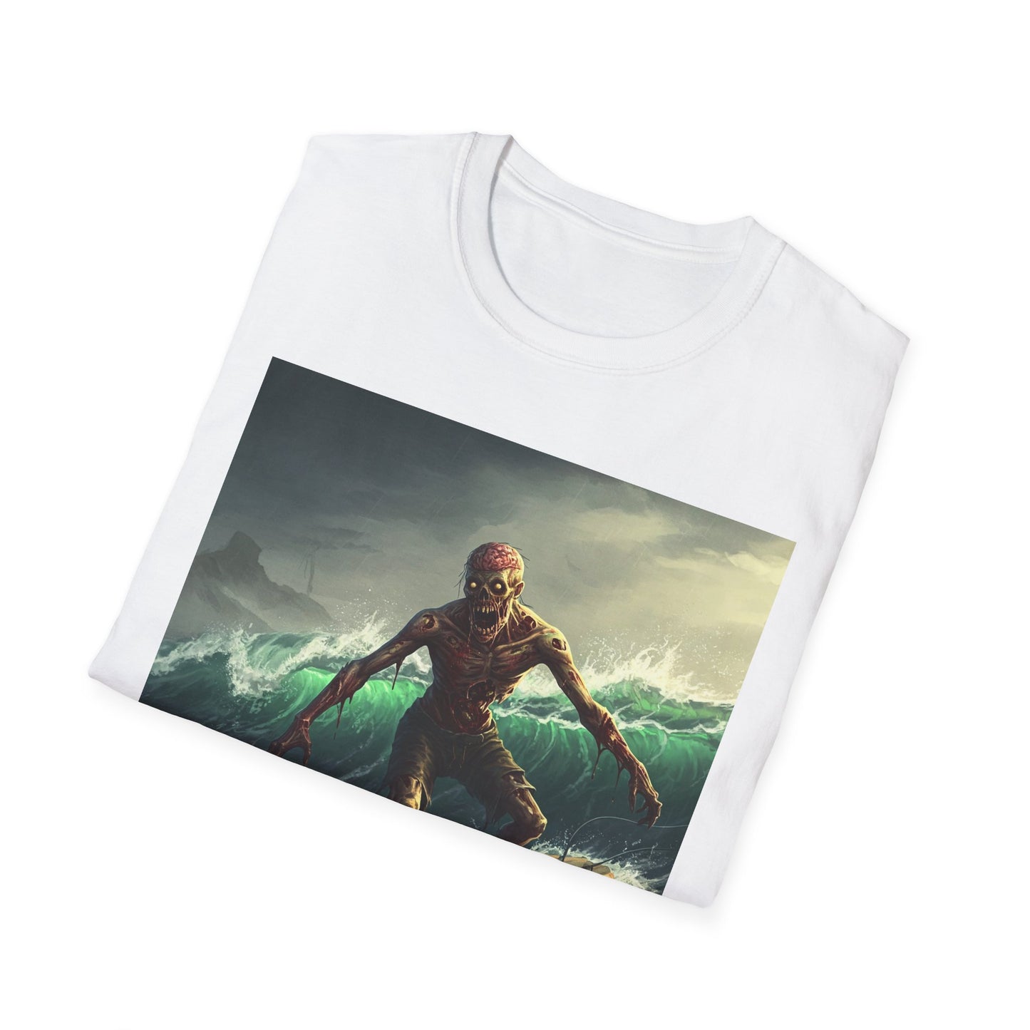 Zombie Surfer Apocalyptic Portrait Tee, bold, decaying zombie graphic