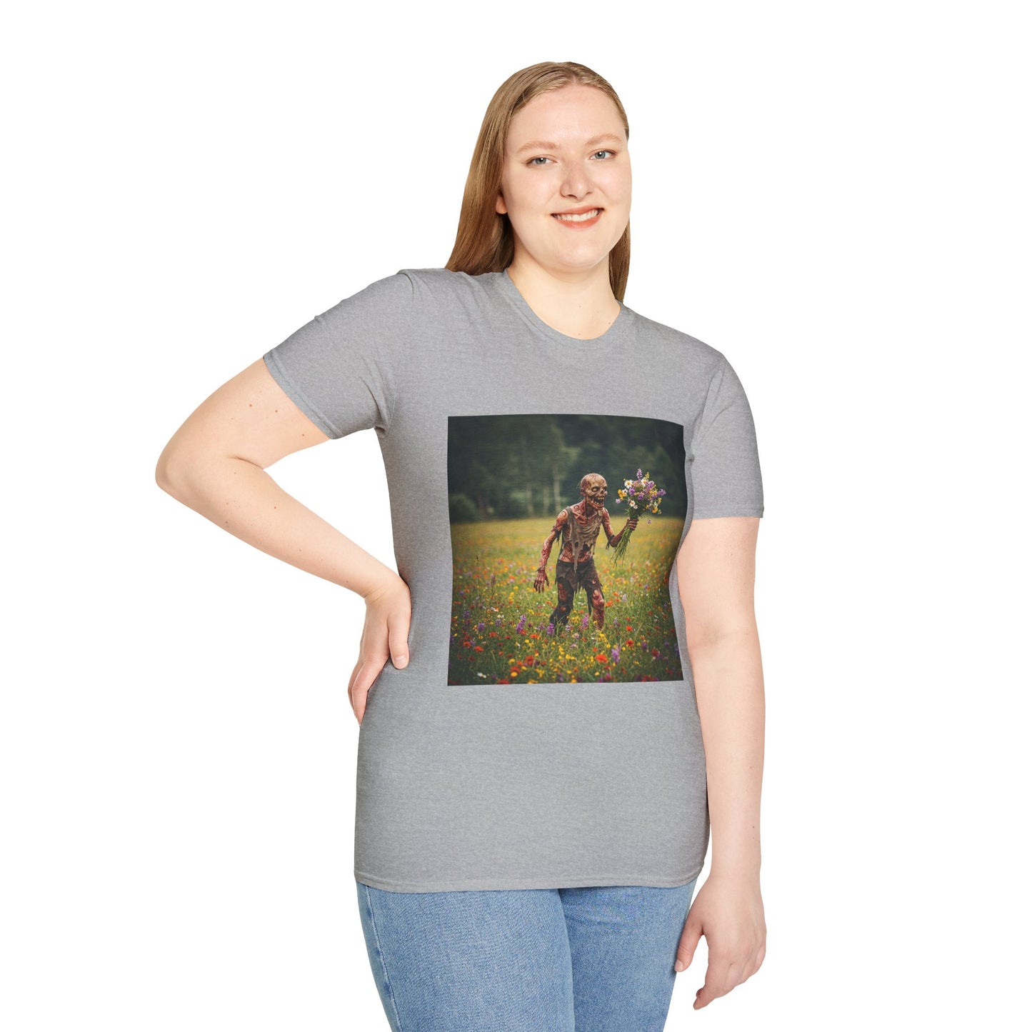 Zombie in Bloom Unisex Softstyle T-Shirt – Perfect for Halloween and Unique Gift Ideas