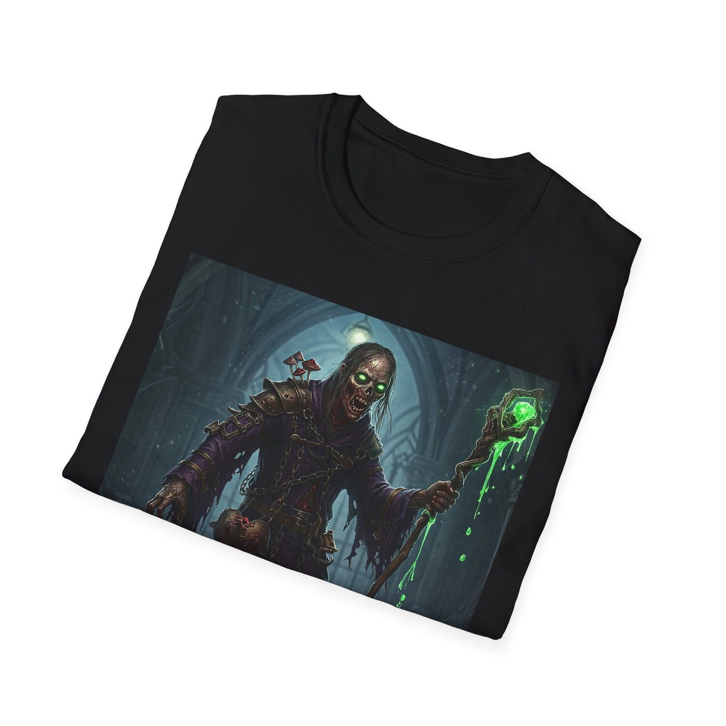 Spooky Sorcerer Apocalyptic Portrait Tee, bold, decaying zombie graphic