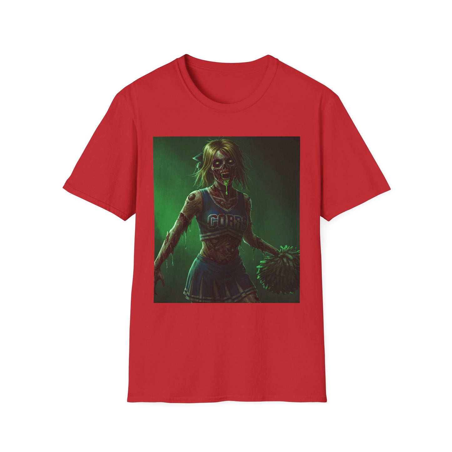 Zombie Cheerleader Apocalyptic Portrait Tee, bold, decaying zombie graphic