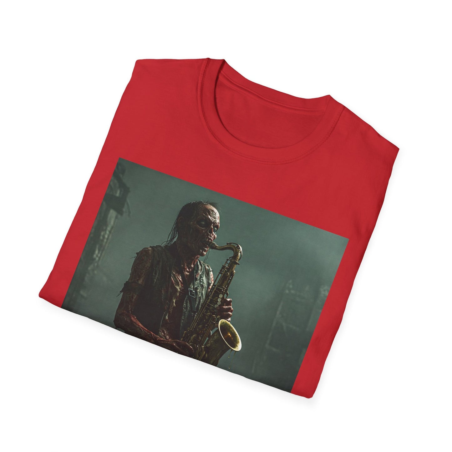 Zombie Jazz Musician Apocalyptic Portrait Tee, bold, decaying zombie graphic