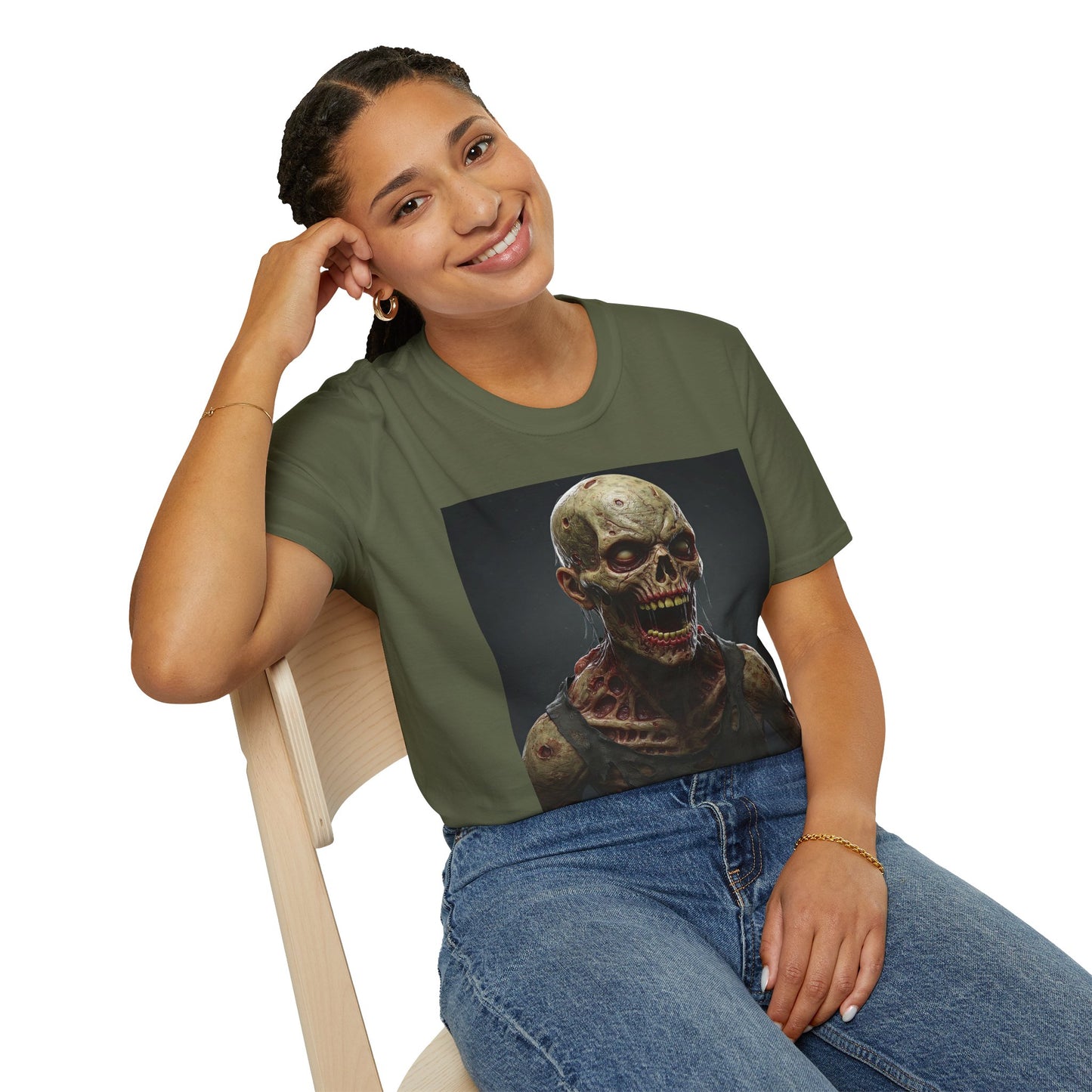 Unisex Softstyle T-Shirt with Creepy Zombie Graphic - Perfect for Halloween and Horror Fans