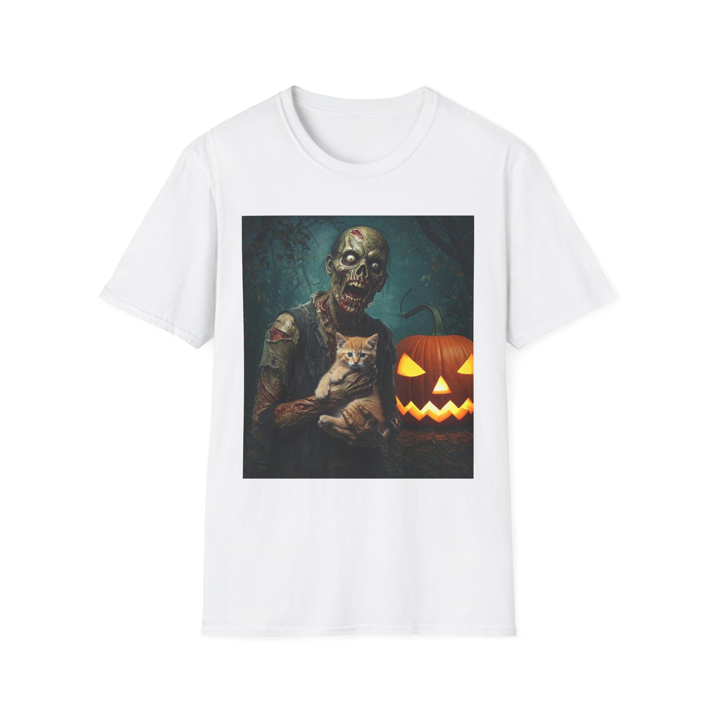 Spooky Cat and Zombie Unisex Softstyle T-Shirt for Halloween