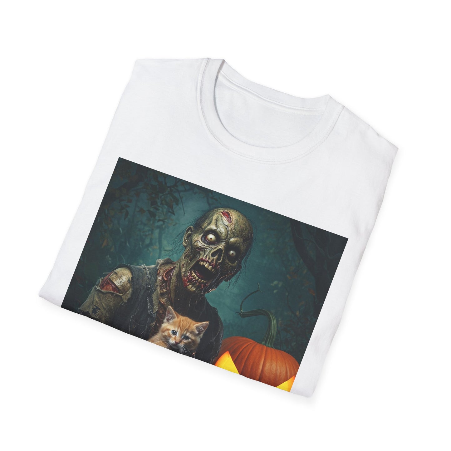 Spooky Cat and Zombie Unisex Softstyle T-Shirt for Halloween