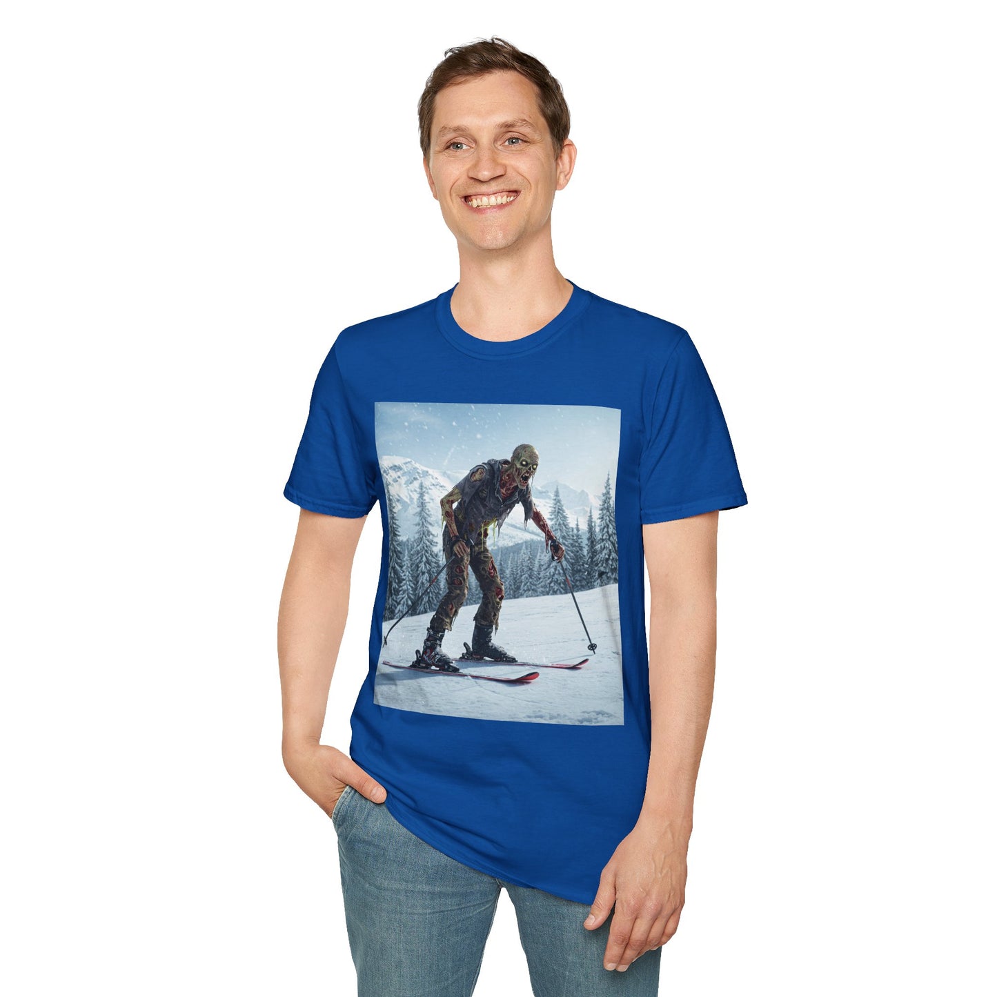 Skiing Zombie Unisex Softstyle T-Shirt - Perfect for Winter Fun & Halloween Enthusiasts