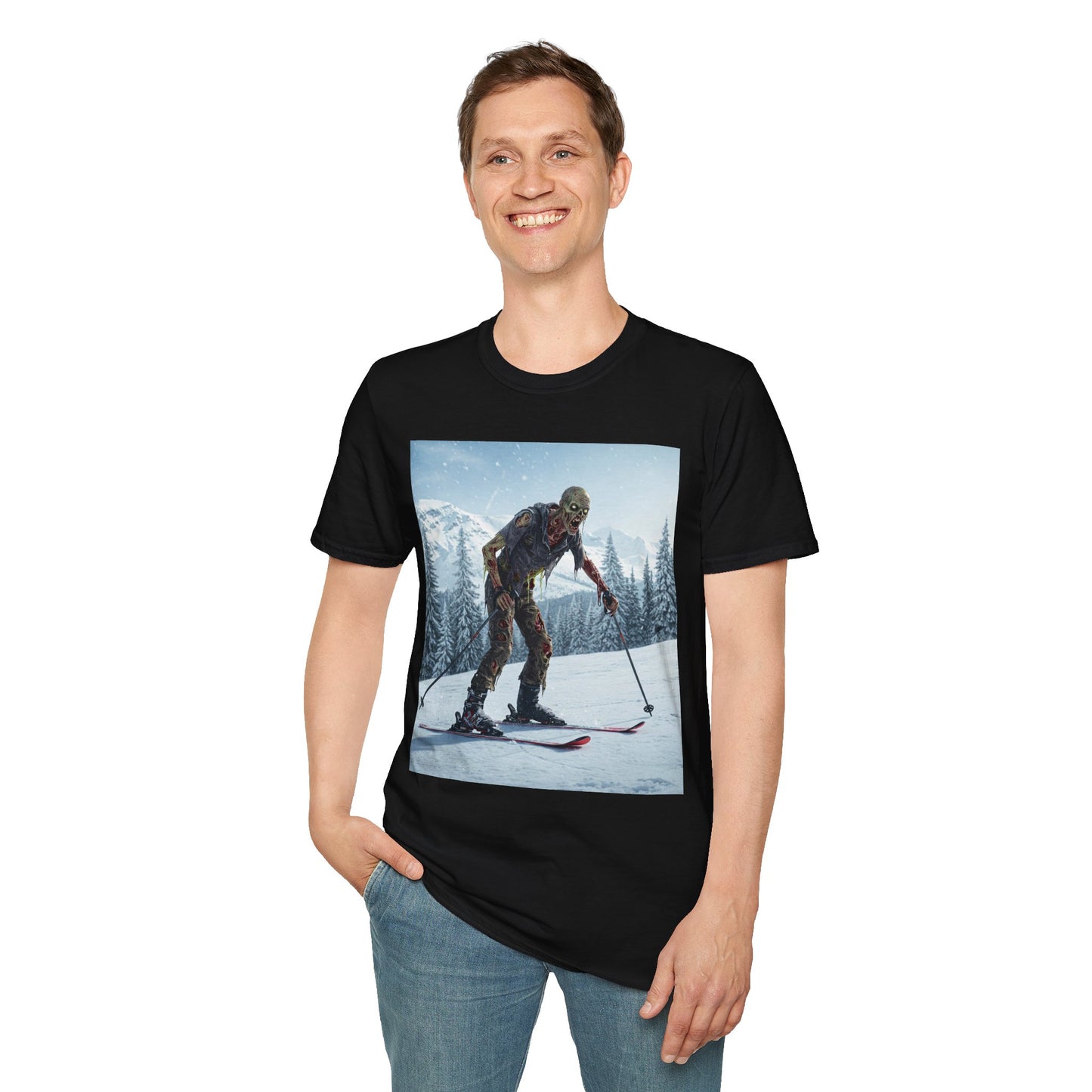 Skiing Zombie Unisex Softstyle T-Shirt - Perfect for Winter Fun & Halloween Enthusiasts