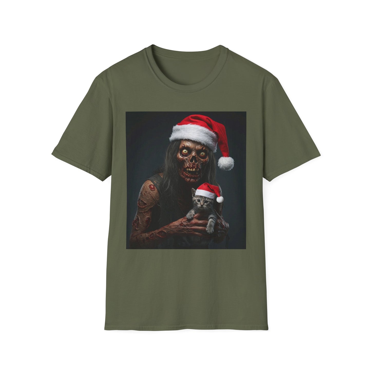 Festive Zombie and Cat Apocalyptic Portrait Tee, bold, decaying zombie graphic