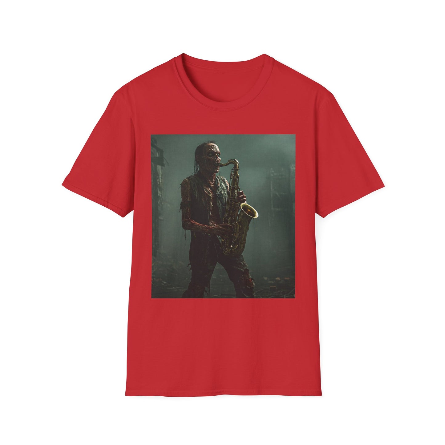 Zombie Jazz Musician Apocalyptic Portrait Tee, bold, decaying zombie graphic