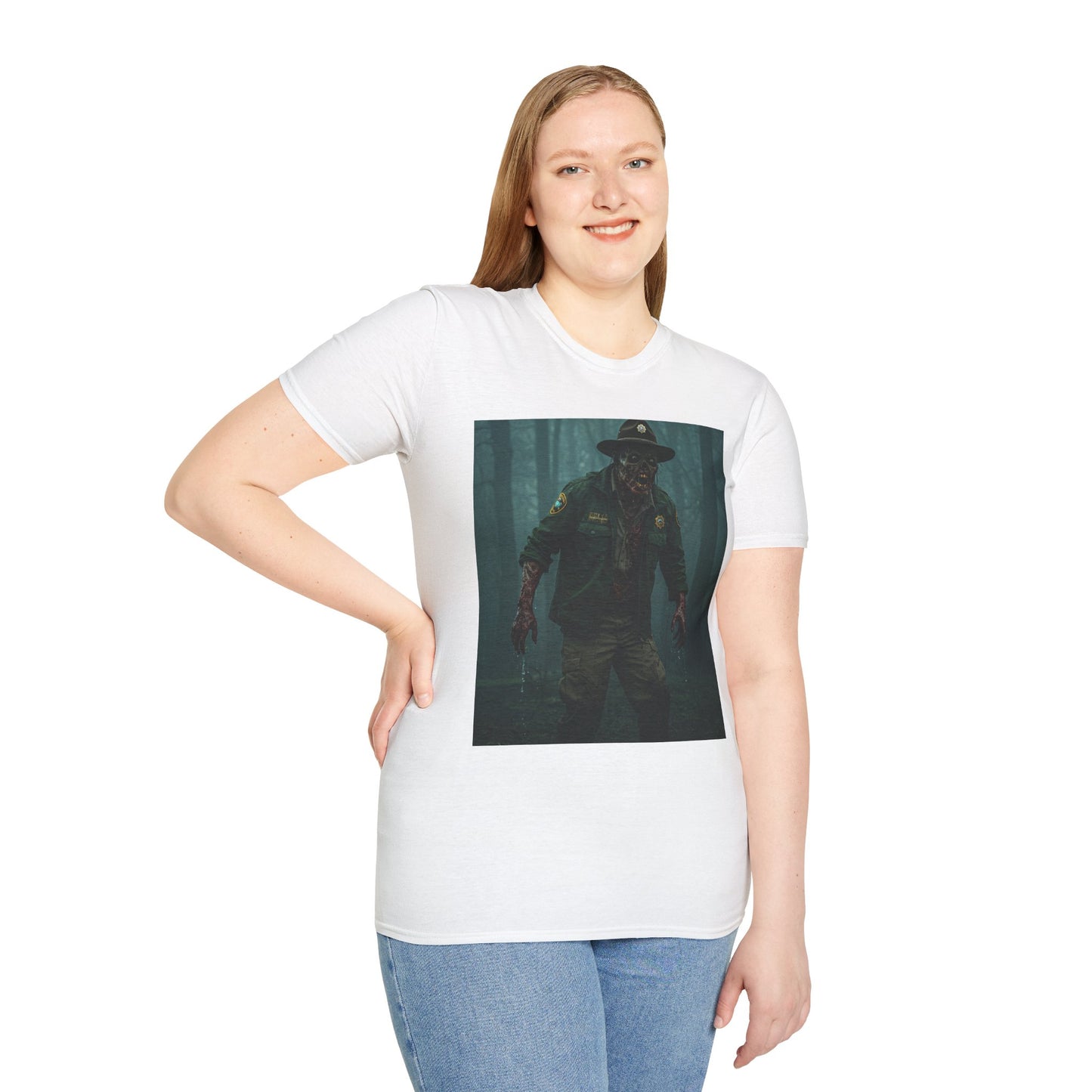 Creepy Forest Ranger Unisex Softstyle T-Shirt - Perfect for Halloween & Horror Fans