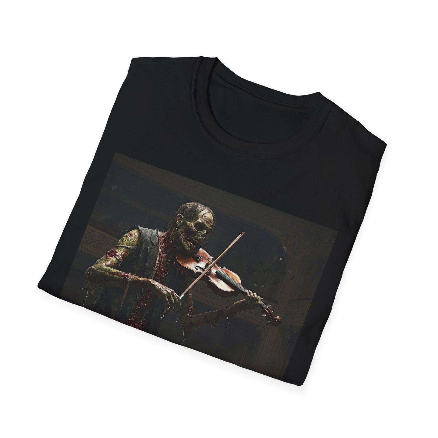 Vintage Zombie Violinist Apocalyptic Portrait Tee, bold, decaying zombie graphic