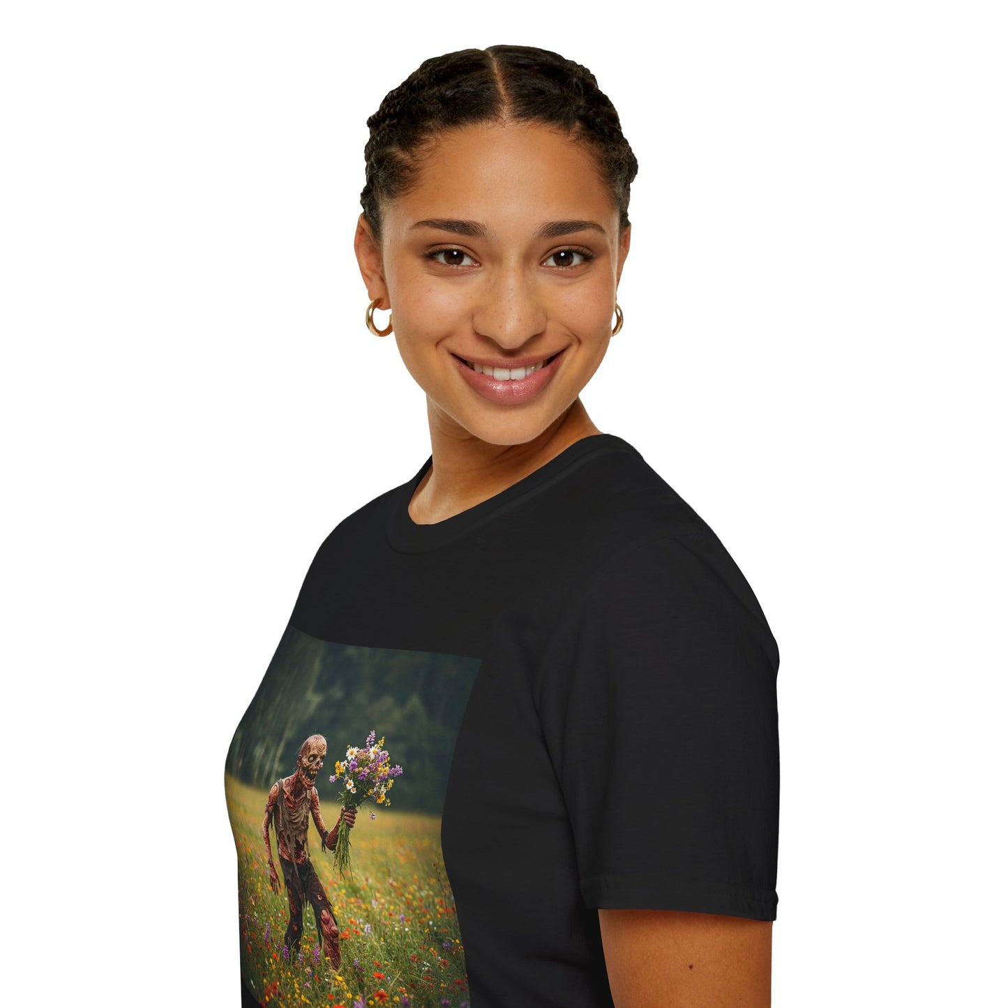 Zombie in Bloom Unisex Softstyle T-Shirt – Perfect for Halloween and Unique Gift Ideas