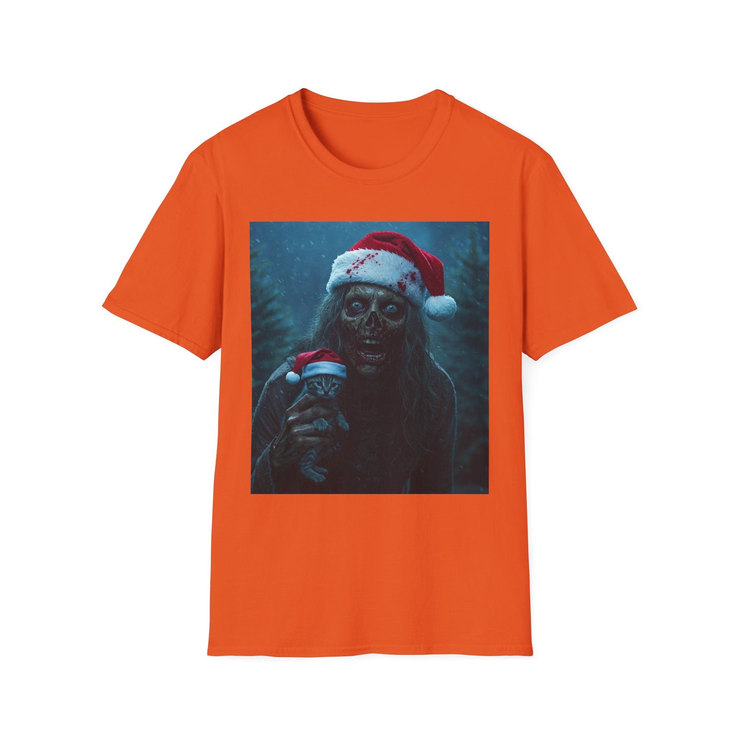 Spooky Christmas Apocalyptic Portrait Tee, bold, decaying zombie graphic cat