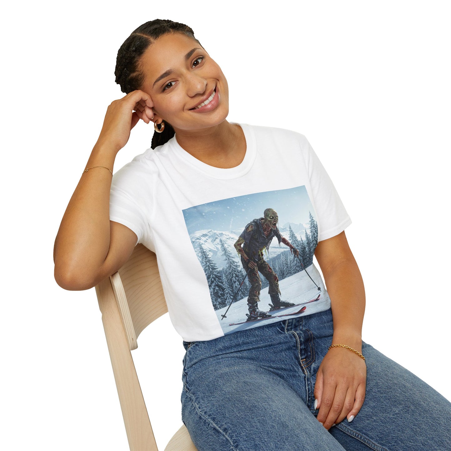 Skiing Zombie Unisex Softstyle T-Shirt - Perfect for Winter Fun & Halloween Enthusiasts