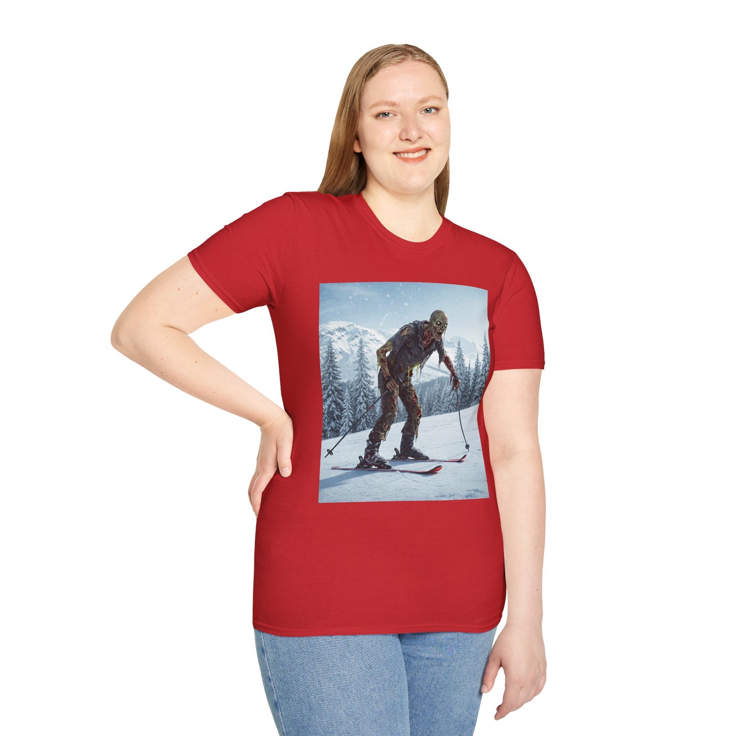 Skiing Zombie Unisex Softstyle T-Shirt - Perfect for Winter Fun & Halloween Enthusiasts