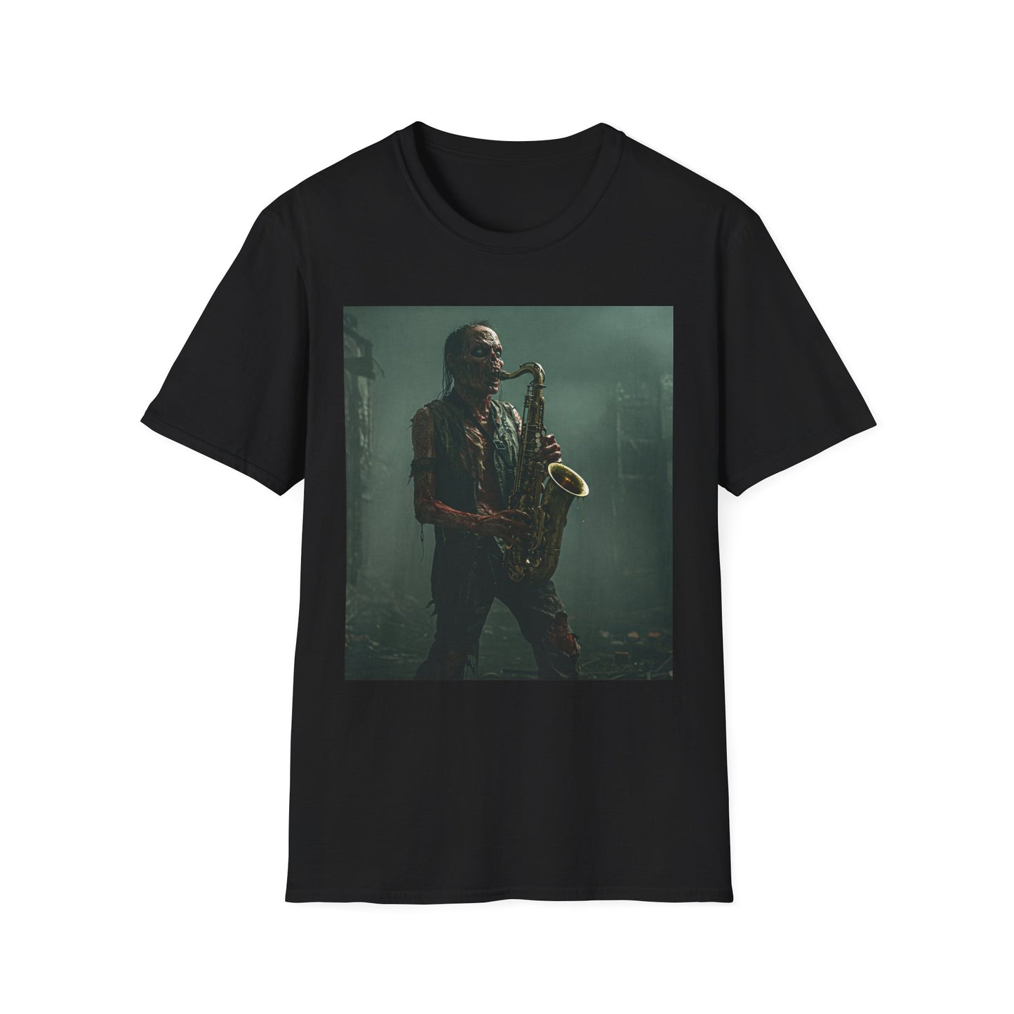 Zombie Jazz Musician Apocalyptic Portrait Tee, bold, decaying zombie graphic