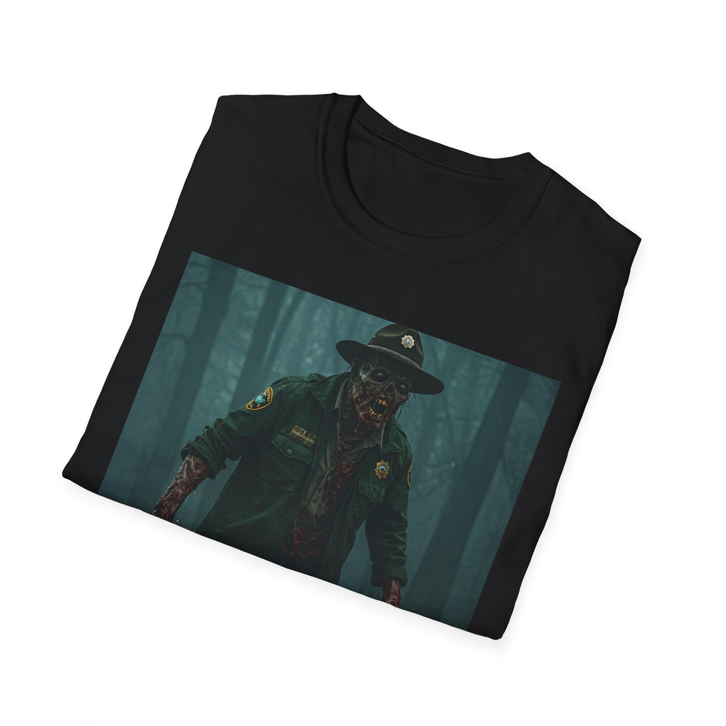 Creepy Forest Ranger Unisex Softstyle T-Shirt - Perfect for Halloween & Horror Fans