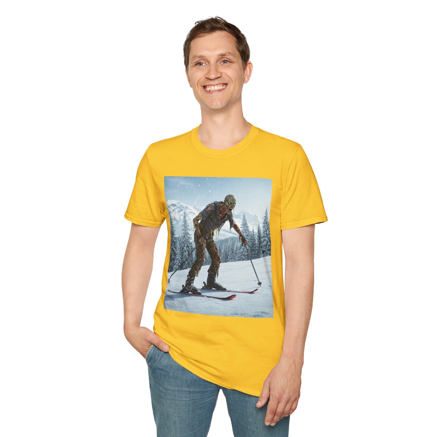 Skiing Zombie Unisex Softstyle T-Shirt - Perfect for Winter Fun & Halloween Enthusiasts