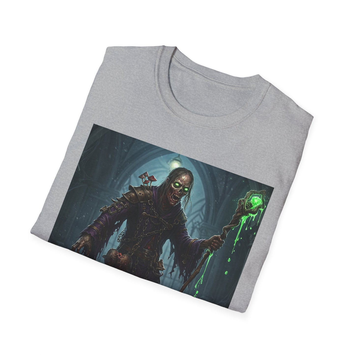 Spooky Sorcerer Apocalyptic Portrait Tee, bold, decaying zombie graphic