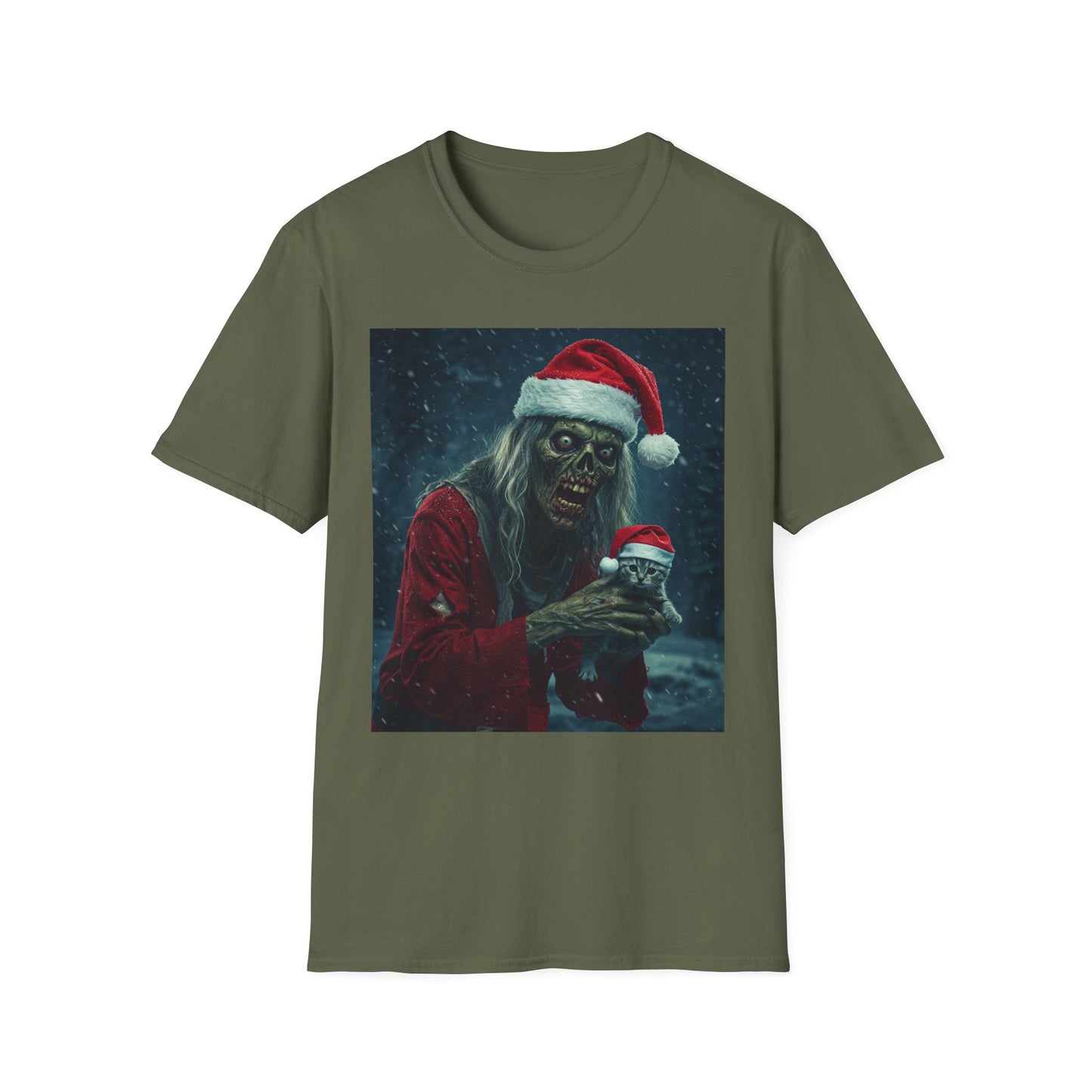 Festive Zombie Santa Apocalyptic Portrait Tee, bold, decaying zombie graphic