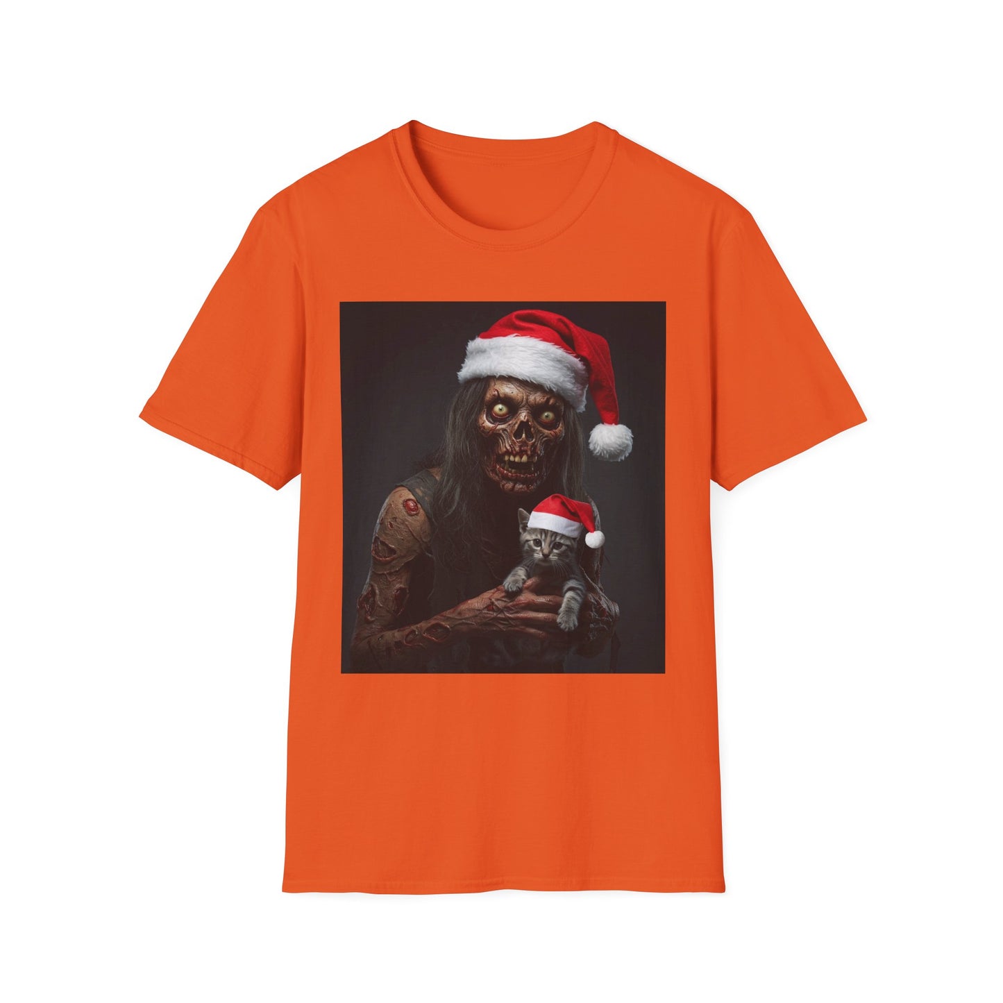 Festive Zombie and Cat Apocalyptic Portrait Tee, bold, decaying zombie graphic