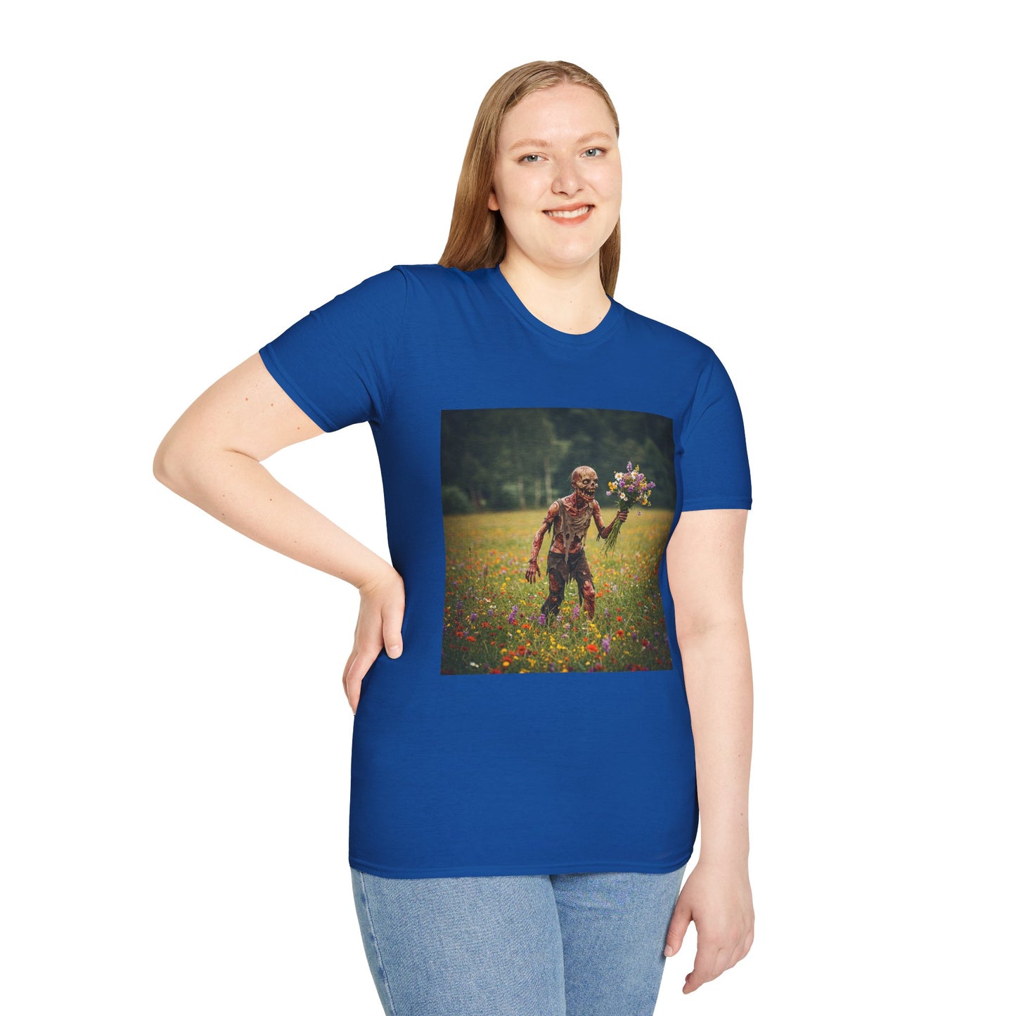 Zombie in Bloom Unisex Softstyle T-Shirt – Perfect for Halloween and Unique Gift Ideas