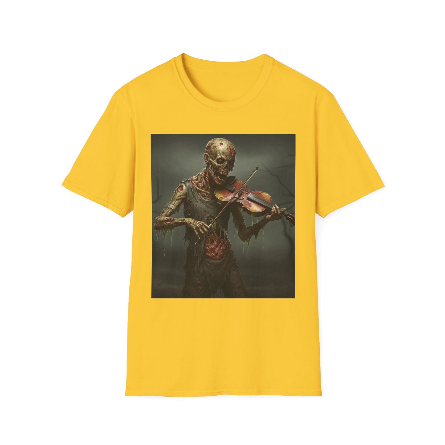 Spooky Zombie Violinist Apocalyptic Portrait Tee, bold, decaying zombie graphic