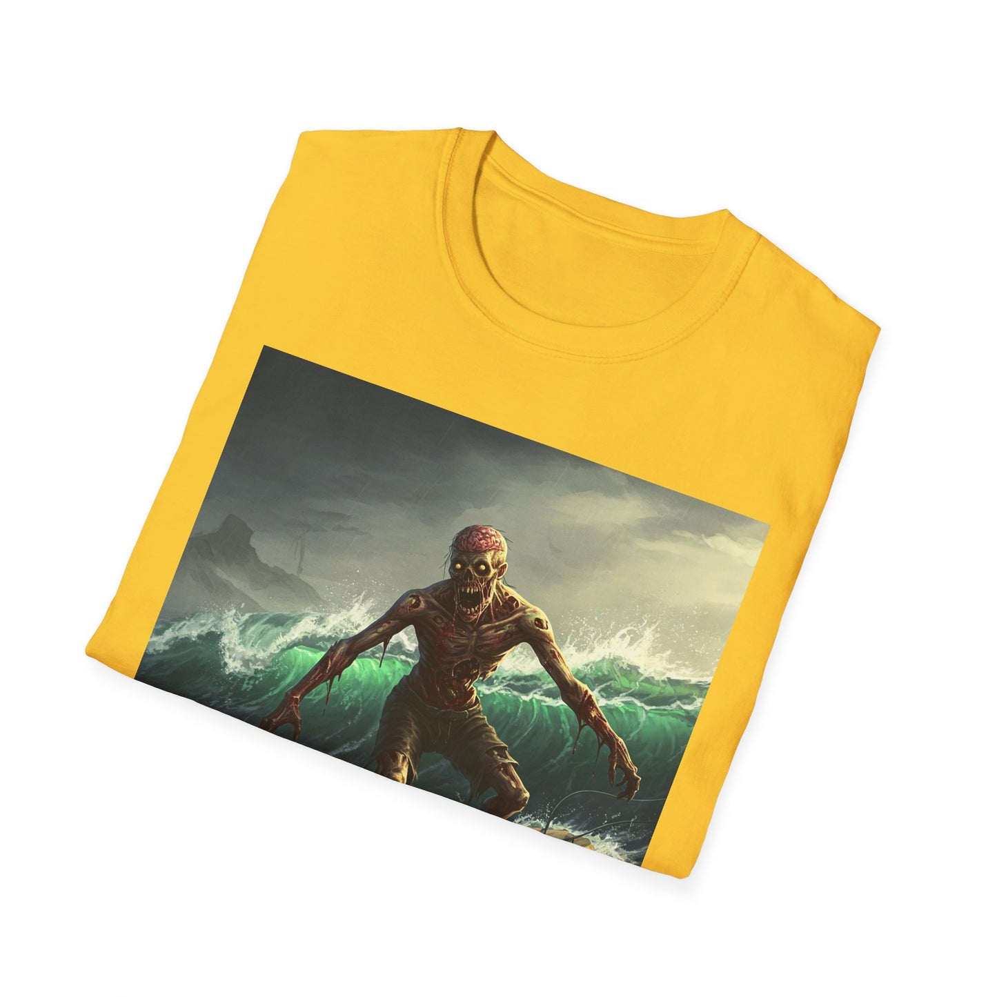 Zombie Surfer Apocalyptic Portrait Tee, bold, decaying zombie graphic