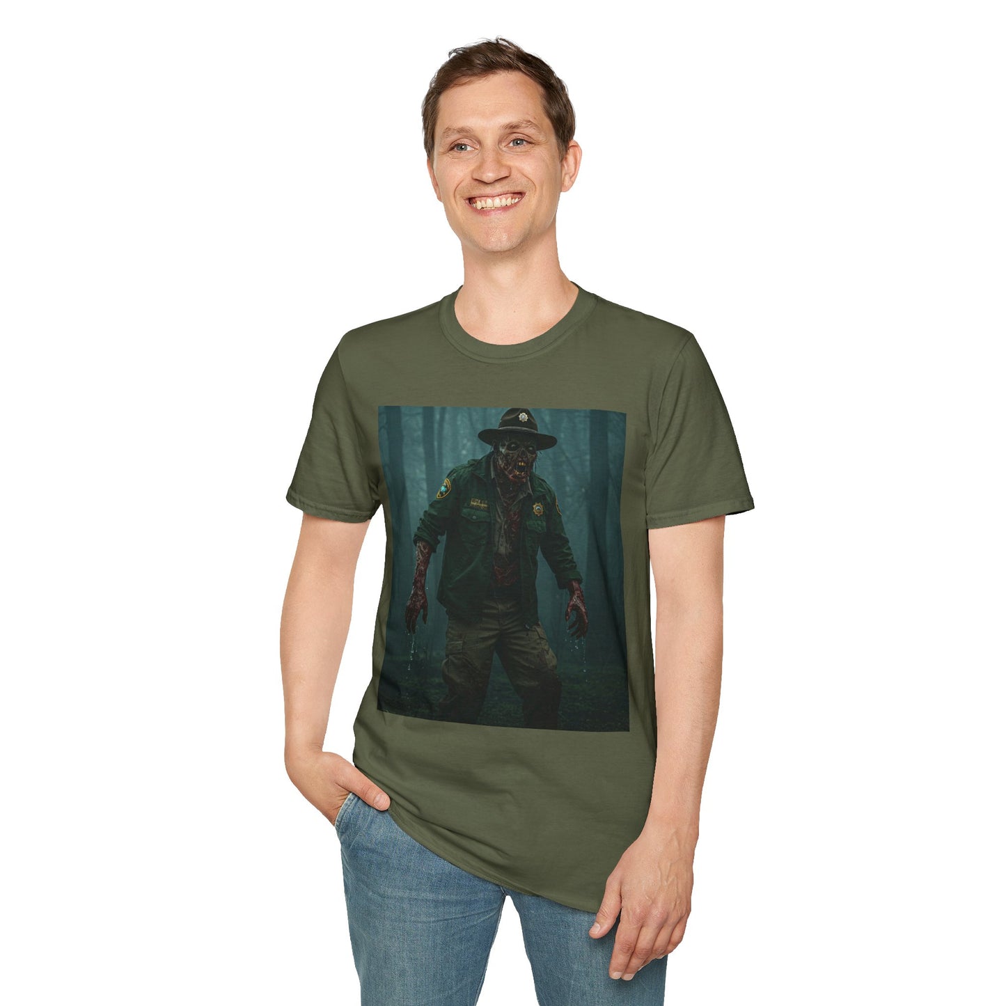 Creepy Forest Ranger Unisex Softstyle T-Shirt - Perfect for Halloween & Horror Fans