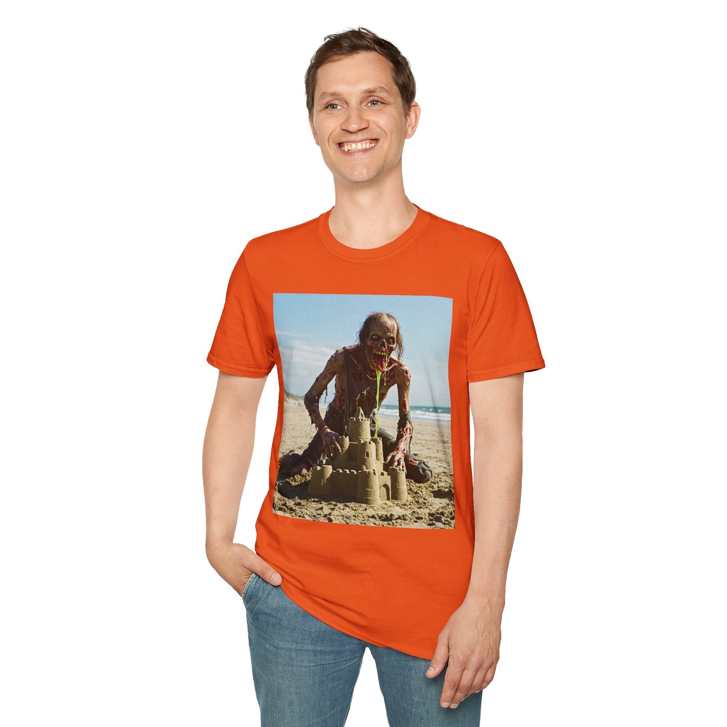 Zombie Sandcastle Unisex Softstyle T-Shirt | Fun Beach Horror Tee