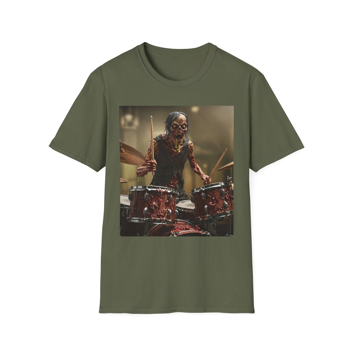 Zombie Drummer Unisex Softstyle T-Shirt - Perfect for Music Lovers and Halloween