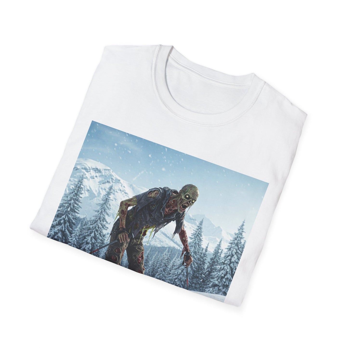 Skiing Zombie Unisex Softstyle T-Shirt - Perfect for Winter Fun & Halloween Enthusiasts