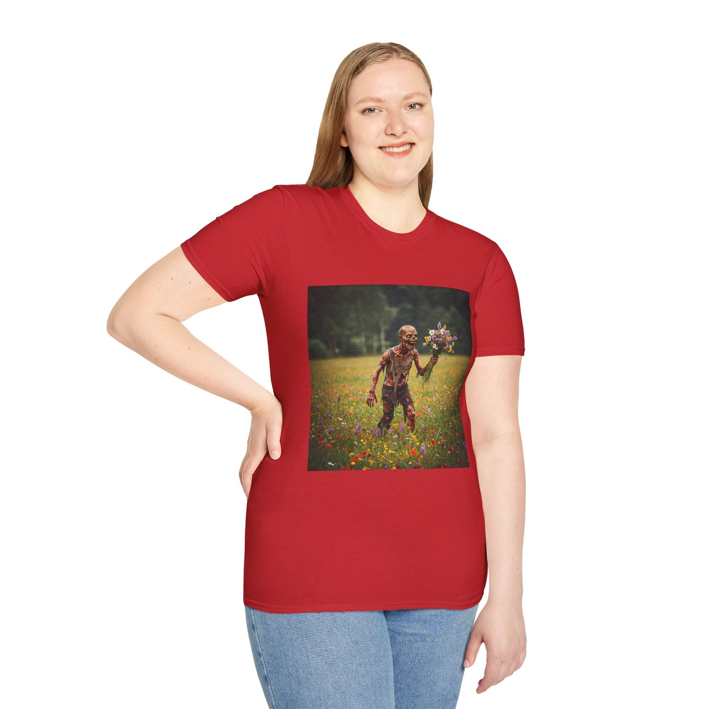 Zombie in Bloom Unisex Softstyle T-Shirt – Perfect for Halloween and Unique Gift Ideas