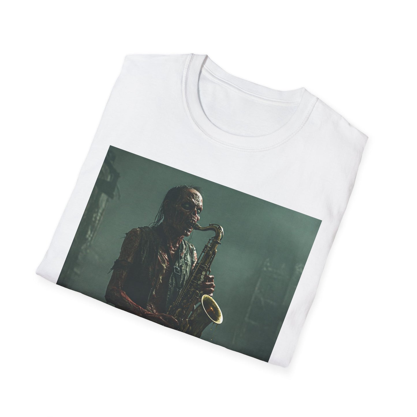 Zombie Jazz Musician Apocalyptic Portrait Tee, bold, decaying zombie graphic