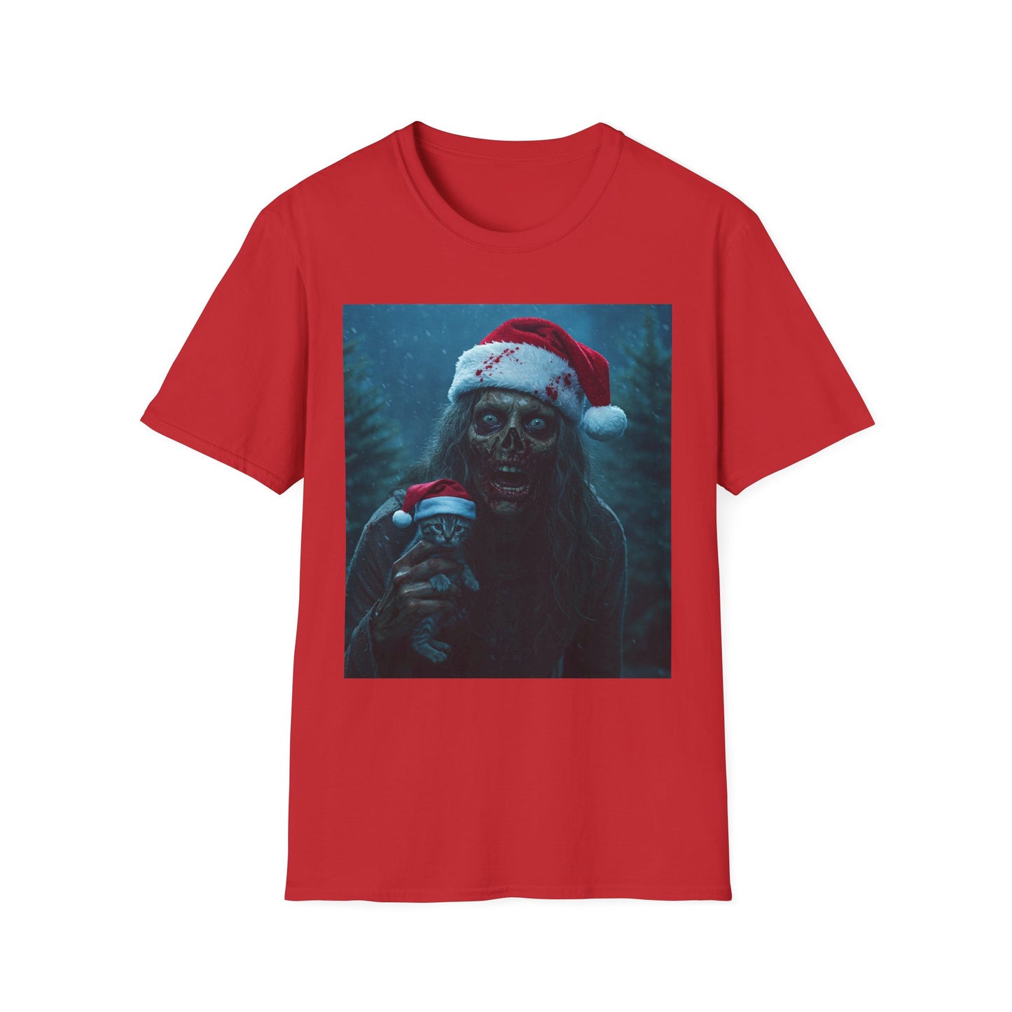 Spooky Christmas Apocalyptic Portrait Tee, bold, decaying zombie graphic cat