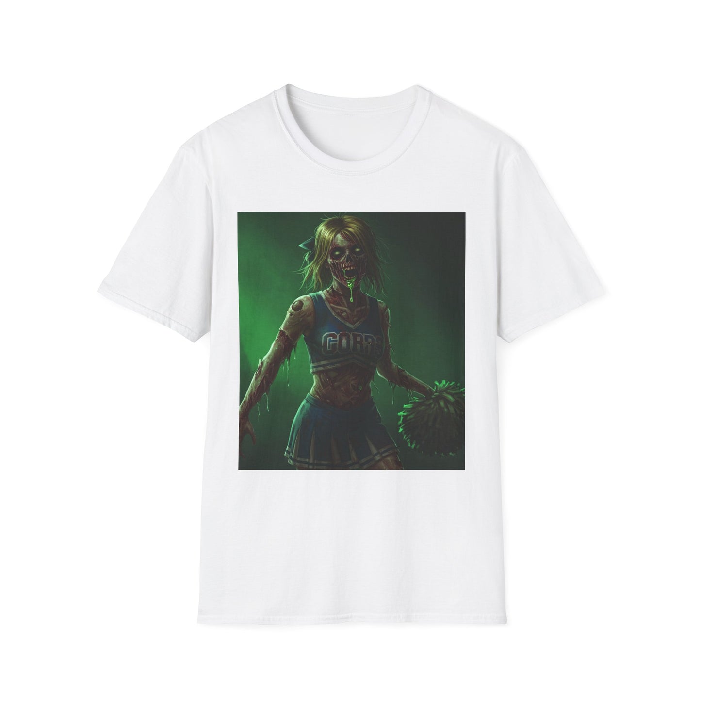 Zombie Cheerleader Apocalyptic Portrait Tee, bold, decaying zombie graphic