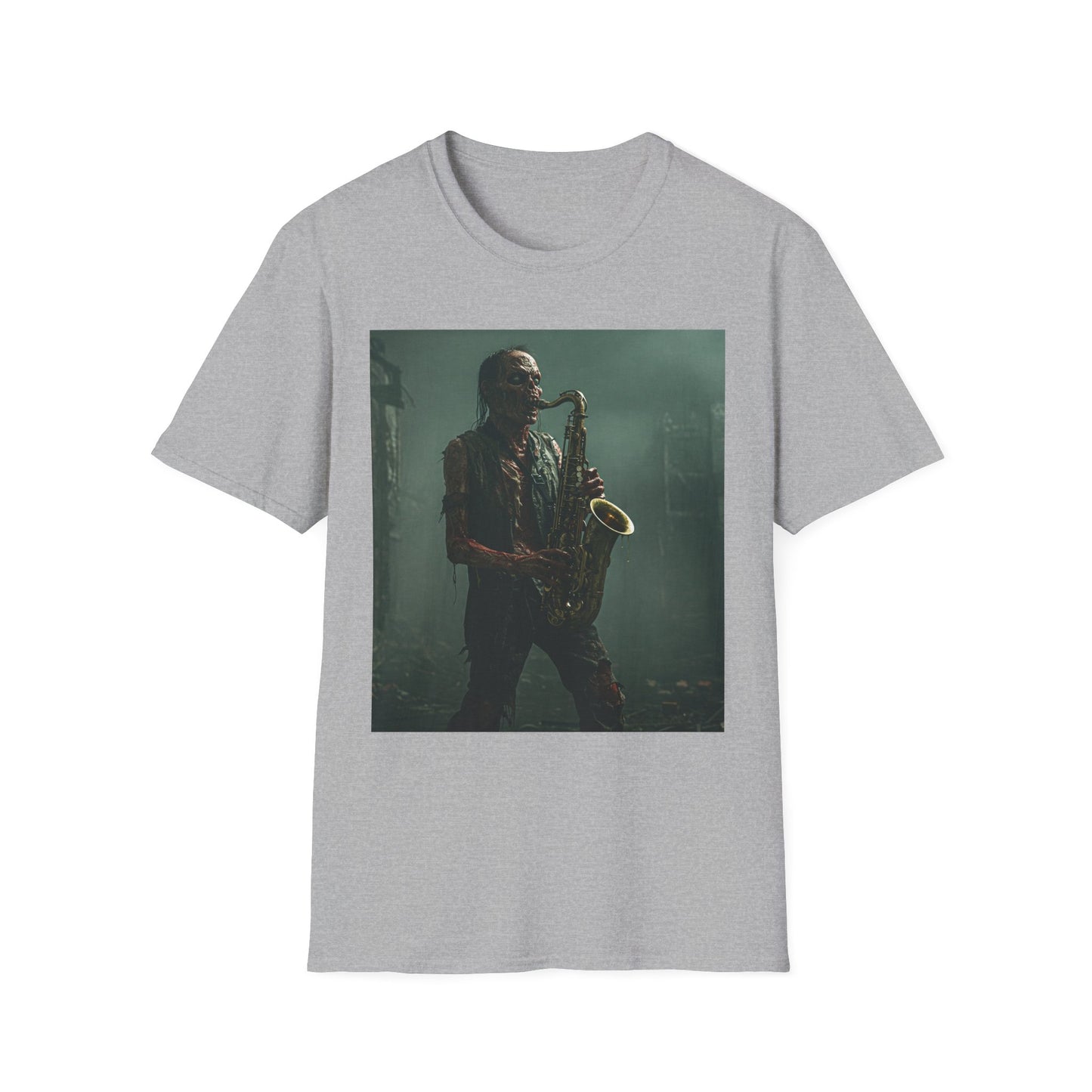 Zombie Jazz Musician Apocalyptic Portrait Tee, bold, decaying zombie graphic