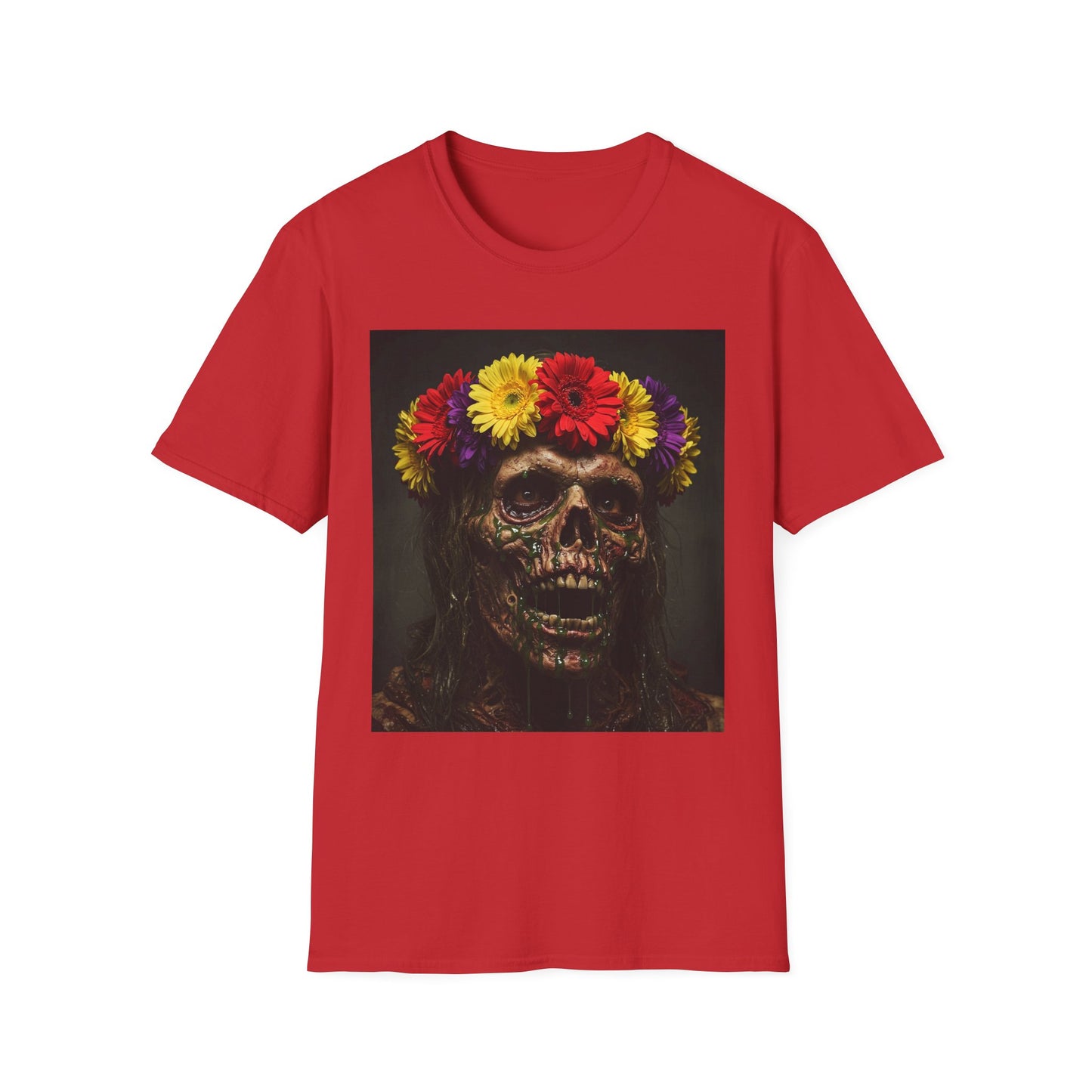 Day of the Dead Floral Skull Apocalyptic Portrait Tee, bold, decaying zombie graphic