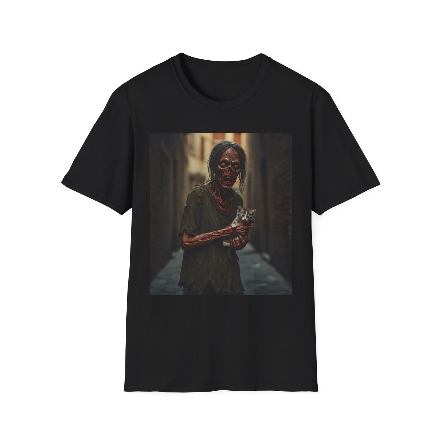 Zombie Cat Lover Apocalyptic Portrait Tee, bold, decaying zombie graphic