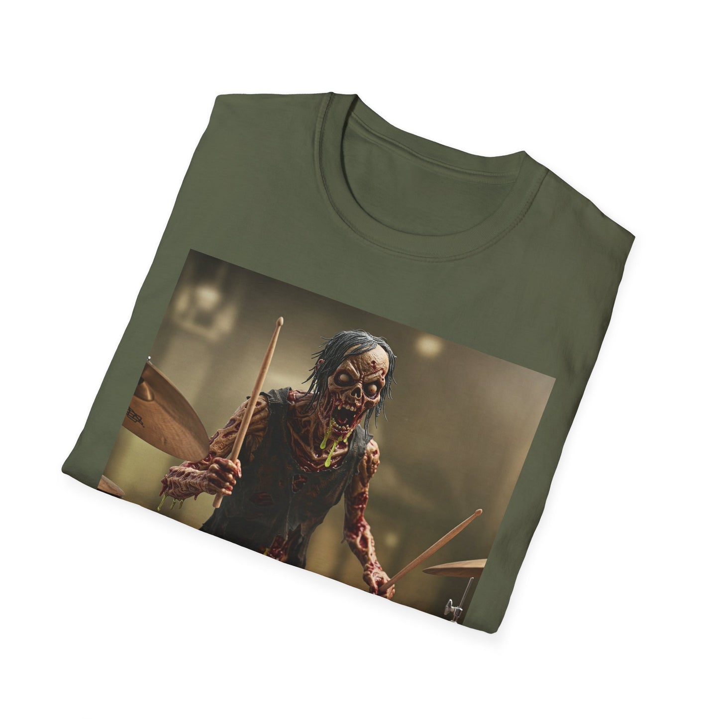 Zombie Drummer Unisex Softstyle T-Shirt - Perfect for Music Lovers and Halloween