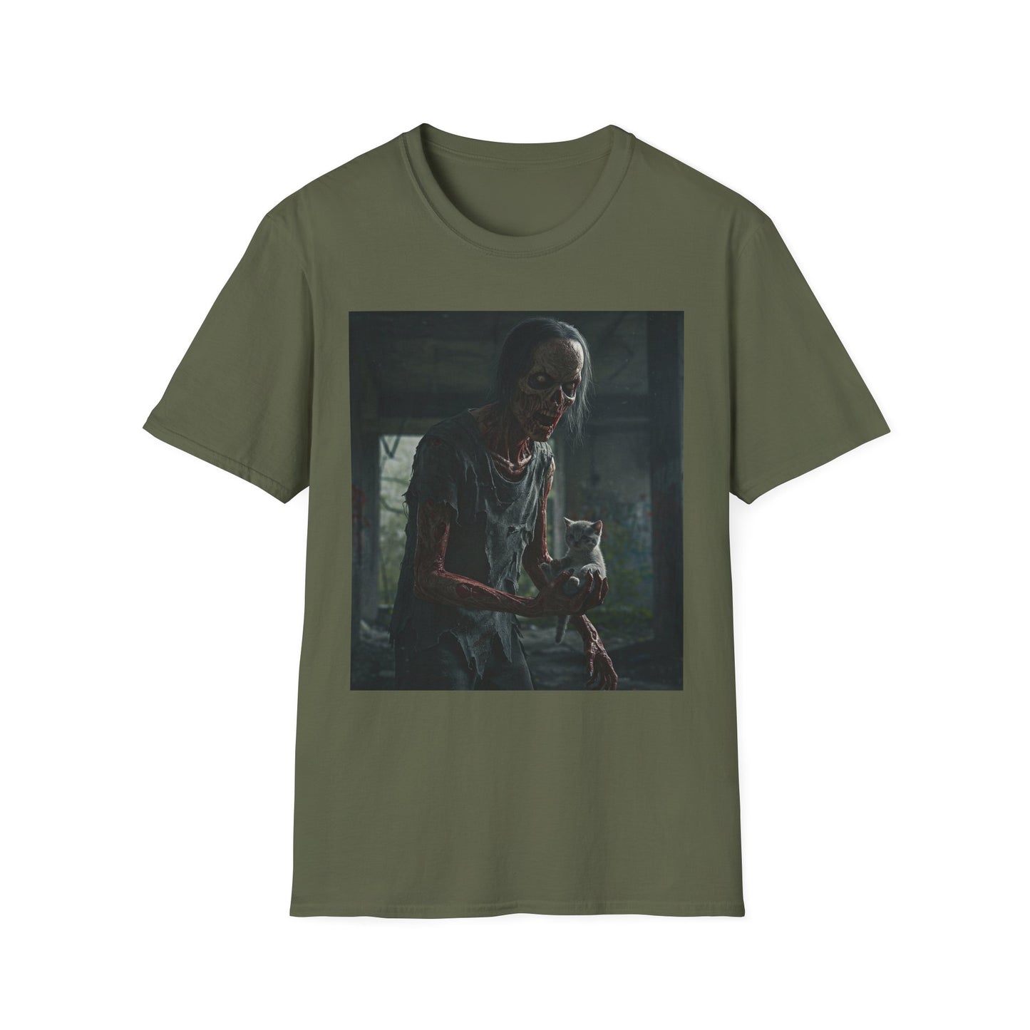 Creepy Cat Zombie Apocalyptic Portrait Tee, bold, decaying zombie graphic